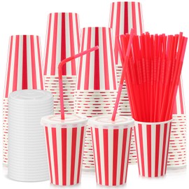 Fullhawl 50 Set Red Stripe Disposable Paper Cups with Lids and Straws for Christmas Carnival Party 12oz Disposable Drinking Striped Paper Cups Holiday Birthday Circus Supplies for Coffee Tea Juice