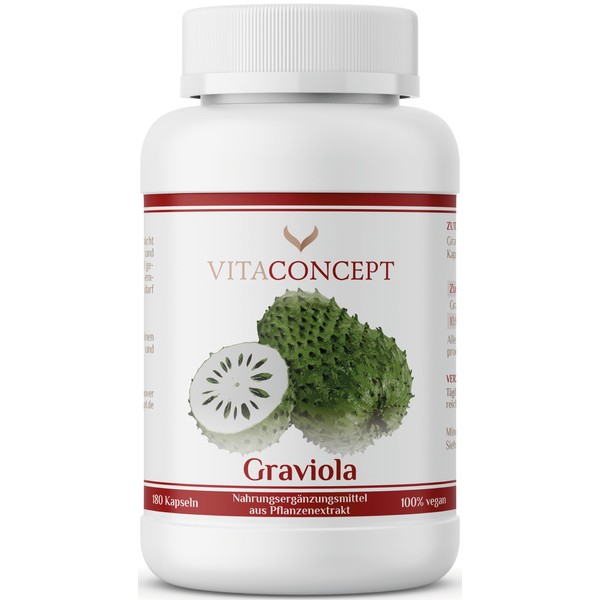 Vitaconcept I Graviola Extract 2000 mg I 180 Capsules I High Dose Graviola 10:1 Fruit Extract I Vegan I Laboratory Tested I Made in Germany