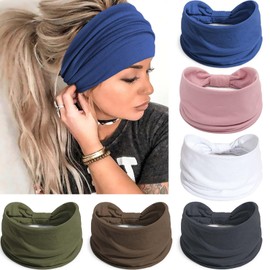 Awumbuk Wide Headbands for Women Knotted No Slip Head Bands Soft Turban Headband Hair Accessories Boho African Solid Color Head Wraps for Women Yoga Workout Pack of 6