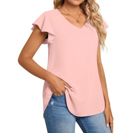 TAOHUADAO Womens 2024 Summer Casual Dressy Shirts V Neck Tunic Ruffle Short Sleeve Chiffon Tops Comfy Blouse X-Large, Pink