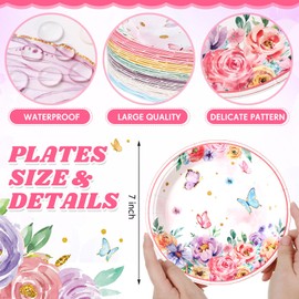 Funnymoom 60 Pcs 7 Inch Butterfly Birthday Party Plates Floral Paper Plates Spring Butterfly Party Disposable Dinnerware Decoration for Baby Shower Bridal Wedding Supplies