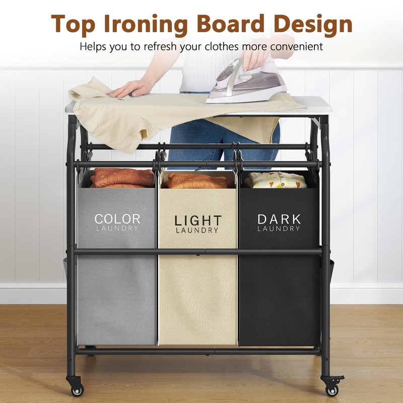 Hoctieon 3 Section Laundry Sorter Cart with Ironing Board, Laundry
