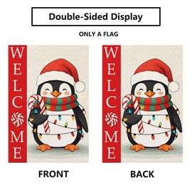 Welcome Christmas Garden Flag Xmas Penguin Burlap 12 x 18 Inch Vertical Double Sided Winter Vacation Decorations Candy Cane Yard Outdoor Decor