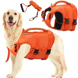 Relaxweex Dog Life Vest with Floating Long Leash High Flotation Reflective Adjustable Dog Life Vest and Long Lead Training Tracking Line for Outside Hiking Swimming Beach Lake (L)