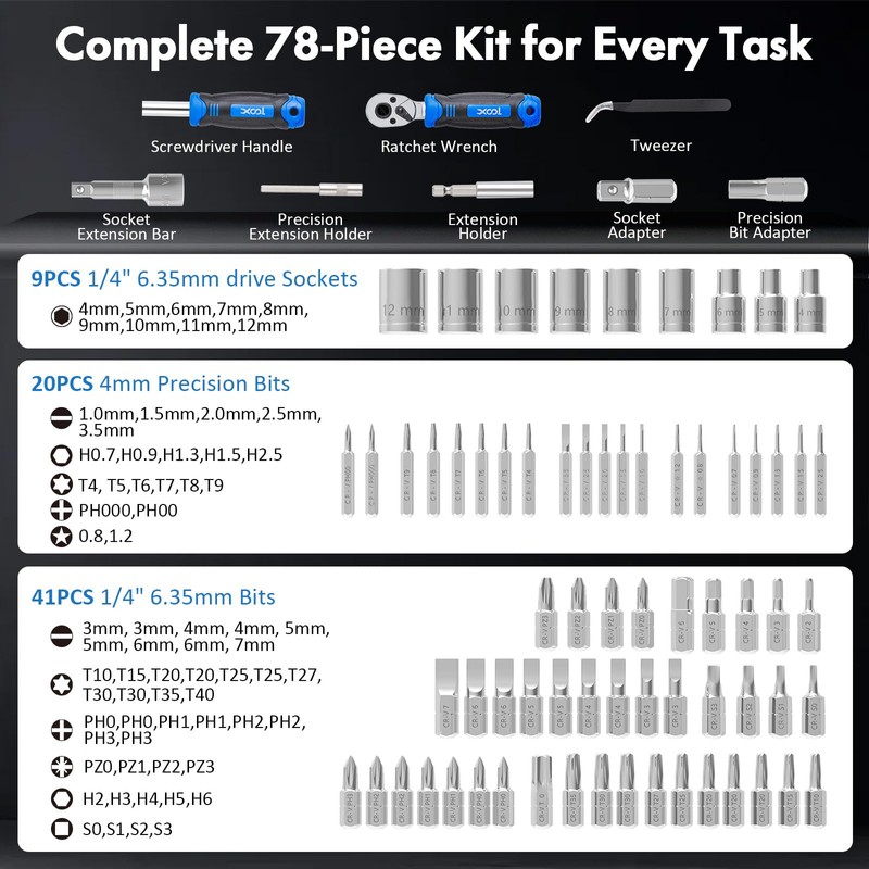 XOOL 78-Piece Ratchet Wrench & Screwdriver Tool Set with Metric