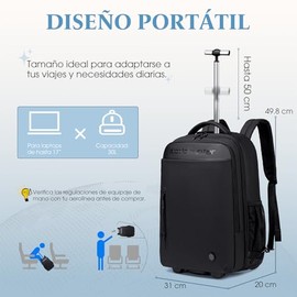 Mochila con Ruedas para Laptop 17.3'' ARCTIC HUNTER LG00657-1, Trolley 40L Impermeable, Equipaje de Mano para Cabina Avión, Viaje, Negocios y Escuela,