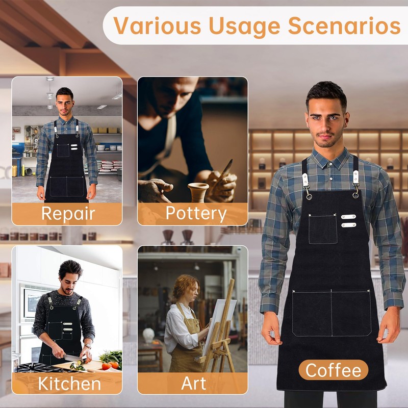 Chef Aprons for Men Women，BBQ Waterproof Apron with Large Pockets,Cotton