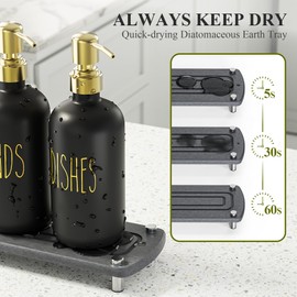 Cisily Soap Dispenser Set Comes with Ceramics Sponge Holder, Stainless Pumps, and Instant Dry Tray, Hand and Dish Soap Dispenser Set Suitable for Black and Gold Kitchen Decor. (Black & Gold)