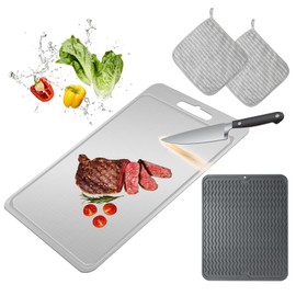 Titanium Cutting Board-Pure Titanium Cutting Boards For Kitchen，Double-Sided Metal Cutting Board with Juice Groove, Separates Meat and Vegetables, Dishwasher Safe (Pattern 14×10 Inch)
