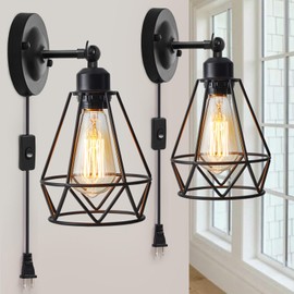YXTH Plug in Wall Sconce, Industrial Sconces Wall Lighting, Vintage Wall Lamp with Plug in Cord, Rustic Black Sconce Fixture, On/Off Switch Sconce Light Fixture for Kitchen Bedroom Porch 2 Pack