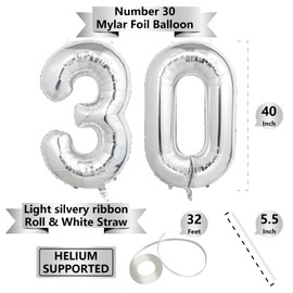 40 Inch Silver 30 Number Balloons, Giant Jumbo Helium Mylar Foil Silver Number Balloons for Birthday, Silver Mylar Digital Balloons for 30th Birthday, Anniversary Party Decorations Supplies