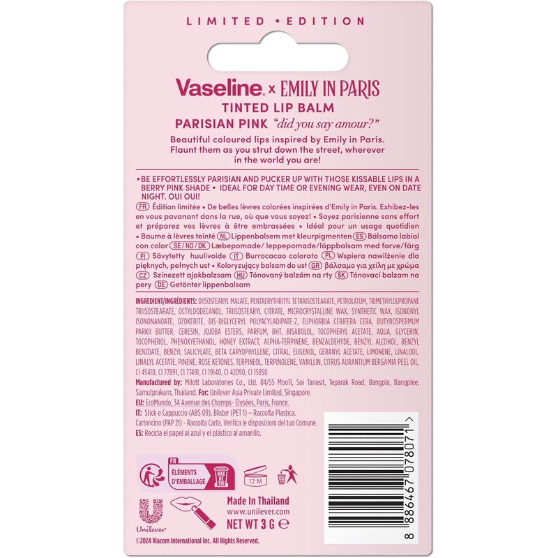 Vaseline Emily in Paris Bálsamo Labial Color Rosa Parisian Pink