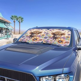 HUISEFOR Highland Cow Automotive Windshield Sunshades Set of 2 Flower Sun Shade for Car Windshield Easy to Install Windshield Cover for SUV Vehicle Sedan Truck Summer Essential Gift for Friends
