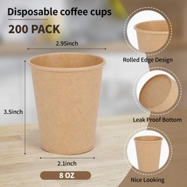 Bsvce Paper Cups, 200 Pack 8 oz Kraft Coffee Cups, Disposable Cups for Party Home Office, Drinking Cups for Hot and Cold, Disposable Tea Cups