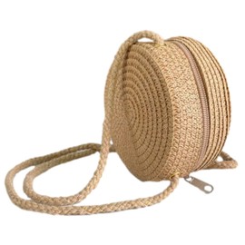 Jamron Handmade Round Straw Bag Crossbody Shoulder Bag Bohemian Beach Bag with Zipper SN0702152 Mini Brown