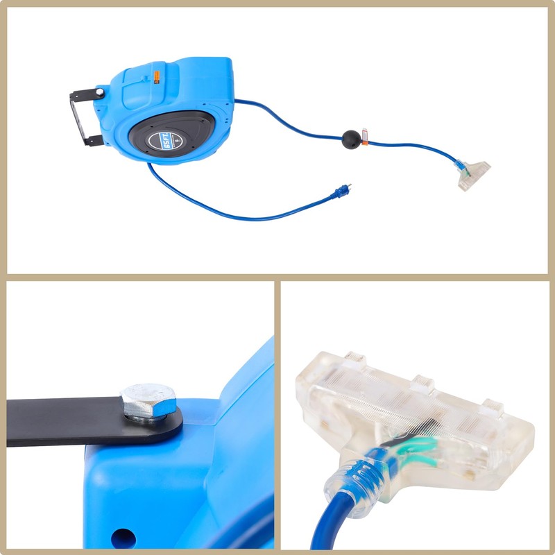 65FT Retractable Extension Cord Reel 12AWG Blue for Wall Installation