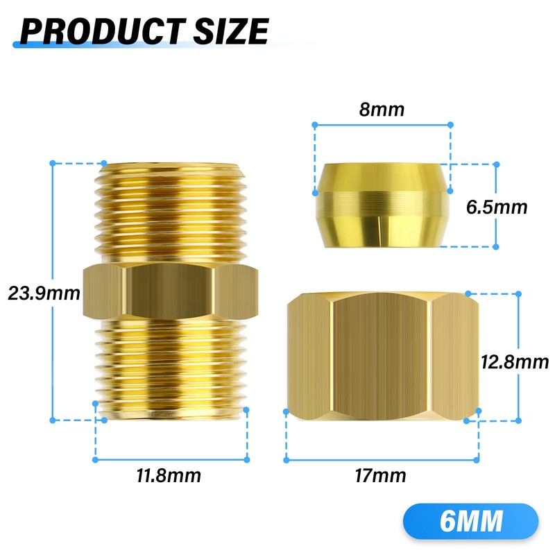 TAILONZ PNEUMATIC 5PCS Brass Compression Tube Pipe Fitting, 6mm Tube