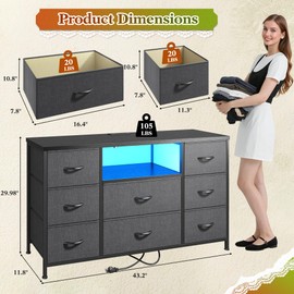 Dresser for Bedroom with LED Lights & Power Outlets, Dresser with 8 Drawers for 55-inch TV, Chest of Drawers with Open Shelves & 6 Adjustable Feet for Living Room and Entryway, Grey