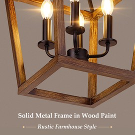 Farmhouse Chandelier Light Fixture for Kitchen Dining Room, 4-Light Rustic Pendant Hanging Ceiling Light Height Adjustable in Oak Wood Finish, Cage Lantern Lighting with E12 Base for Hallway Foyer