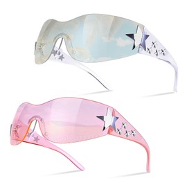 Pink Y2K Sunglasses for Women - 2Pcs Star Rimless Shield Wrap Around Aesthetic Fashion Glasses Set