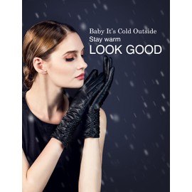 YISEVEN Women’s Mid Length Long Leather Gloves Touchscreen Lined Genuine Lambskin Winter Cold Weather Accessories for Ladies Dress Driving Evening Party Gifts, Navy Blue Size 7.0 M