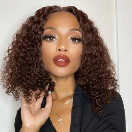 Kerberey Short Curly Bob Wigs Human Hair 13x4 Deep Wave Lace Front Wigs Human Hair for Black Women HD Lace Front Wigs Human Hair Pre Plucked with Baby Hair Chocolate Brown 10 Inch