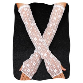 GEMILY Lace Sheer Arm Sleeves Long Fingerless Bridal Gloves Opera Tea Party Arm Gloves for Women(White, one size)