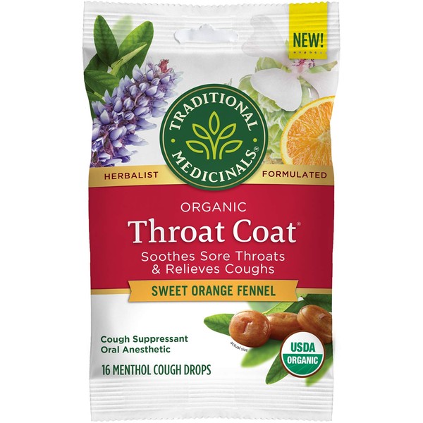 Traditional Medicinals Throat Coat Organic Cough Drops, Sweet Orange Fennel with Menthol, Soothes Sore Throats & Relieves Coughs, 16 Count (Pack of 1)