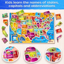 SYNARRY Large USA World Wooden Puzzles for Kids Ages 4-6, Learning United States World Maps Puzles for Kids Ages 6-8, Wood Jigsaw Puzzles Educational Games Toys Gifts for Boys Girls Ages 3-8