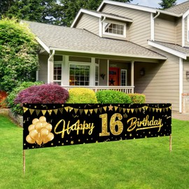 Happy 16th Birthday Banner Decorations for Boys, Black Gold 16 Birthday Signs Party Supplies, Sweet Sixteen Birthday Party Decor for Outdoor Indoor