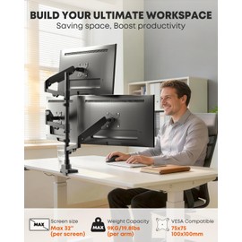 Triple Monitor Mount for up to 32-inch Screens – Heavy Duty Ultrawide Stand with Fully Adjustable, 9kg Gas Spring Arm (Each), VESA 75×75/100×100 mm, Black