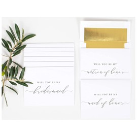 Will You Be My Bridesmaid Proposal Cards - 4x5.5 Folded White with Black Caligraphy and Gold Foil Lined Envelopes - 6 Bridesmaid Cards, 1 Maid of Honor, 1 Matron of Honor - Elegant Minimalist Style