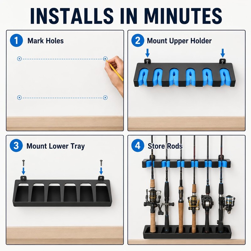 Fishing Rod Holder Wall Mount Rack Organizer, Holds 6 Rods