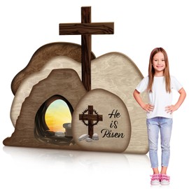 Geyoga Easter Resurrection Scene Cardboard Set 39.4 x 25.6 in He is Risen Empty Tomb Cardboard with Crosses on Top of Rock Signs Religious Resurrection Props for Easter Jesus Christian Sunday Decor