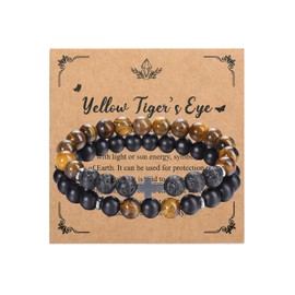 JSDDE Tiger Eye Bracelet Set - Men's Natural Stone Beads Bracelet - Stretch Lava Rock & Black Agate Crystal Bracelets - Gifts for Men, Husband, Grandad