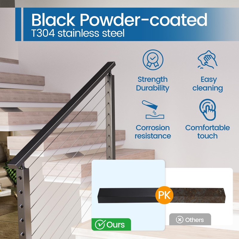 Muzata 6'6" Black Cable Railing Handrail Rectangular Stainless Steel Handrail