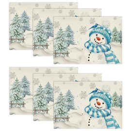 Artoid Mode Blue Snowman Pines Snowflakes Christmas Placemats Set of 6, 30 x 45 cm Seasonal Winter Xmas Kitchen Table Decoration Indoor Holiday Party