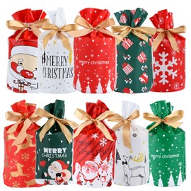 BOUBONI 50pcs Christmas Drawstring Candy Bags, Christmas Treat Bags, Christmas Party Favors Supplies (10 Styles)