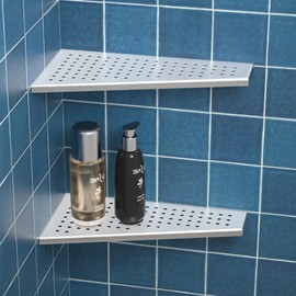 Bernkot Corner Shower Shelf 2PCS, Trapezoid Shaped Bathroom Shelves 12'' for Tiled Wall, 304 Stainless Steel Grout in Shelf, No Drilling Needed (Silver)