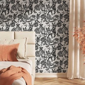 MuralPeel Black White Vintage Floral Cat Animals Butterfly Peel and Stick Wallpaper Self Adhesive Removable Easy Peel Off Contact Paper Stick on Wall Paper for Bedroom Cabinet Renter Friendly