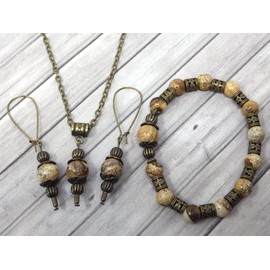 Schmuckset mit Armband, Ohrringen und Halskette im Vintage-Stil für Damen in braunem Jaspis
