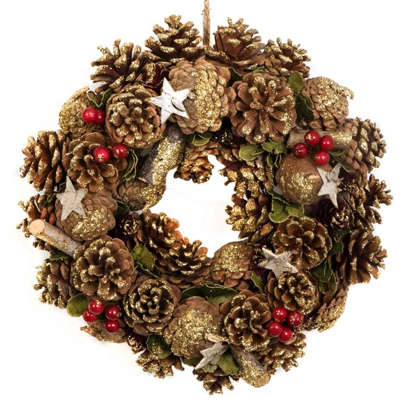 Christmas Hanging Wreath Festive Pine Cone Display Gold Frosting 30cm