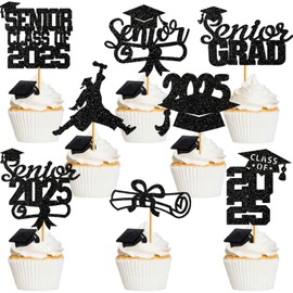 40Pcs Graduation Cupcake Toppers 2025 Black Glitter Senior Class of 2025 Cupcake Toppers Diploma Grad Cap Cupcake Picks 2025 for Grade Graduation Party Supplies