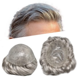 RESHE Toupee for Men - 100% European Human Hair System Hairpiece, 8''X10'' Thin Skin V-Looped Hair Piece #770#7 Brown+70% Grey