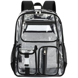 Lrenagao Clear Backpacks for Girls Boys, Heavy Duty PVC Transparent School Bookbag See Through Back Pack for College Work Travel (Black)