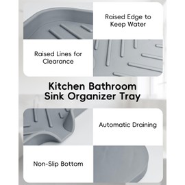 Silicone Sink Tray, Kitchen Tray, Sink Tray for Kitchen Counter/Soap Bottles, Sponge Holder, Sink Organizer Tray for Kitchen, Bathroom, Grey(12 x 4 in)