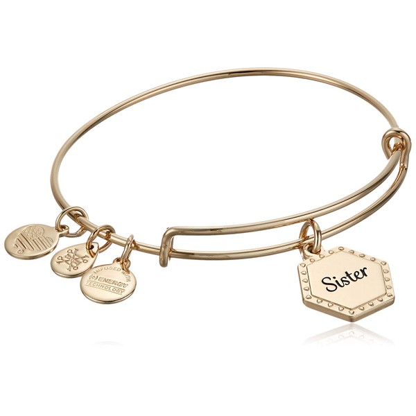 Alex and Ani Because I Love You Sister Expandable Wire Bangle Bracelet for Women, Woven Together Charm, Shiny Antique Gold Finish, 2 to 3.5 in