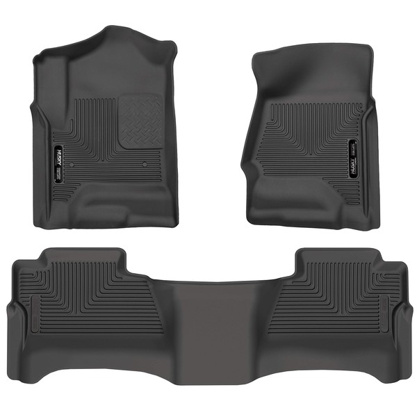 Husky Liners Weatherbeater | Fits 2014 - 2018 Chevrolet Silverado/GMC Sierra 1500, 2015 - 2019 2500/3500 HD Crew Cab, Front & 2nd Row Floor Liners (Footwell Coverage) - Black, 3 pc. | 98231
