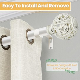 1 Inch Curtain Rod For Windows 66 to 120 Inches, Heavy-Duty Adjustable Decorative Curtain Rod With Rattan Leaf Hollow Finials For Bedroom And Living Room White