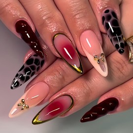 Long Almond Press on Nails Handmade Fake Nails with 3D Gold Bow Designs Ombre Red False Nails Black Crocodile Stick on Nails Summer Full Cover Water Ripple Glue on Nails for Women Girls Manicure 24Pcs